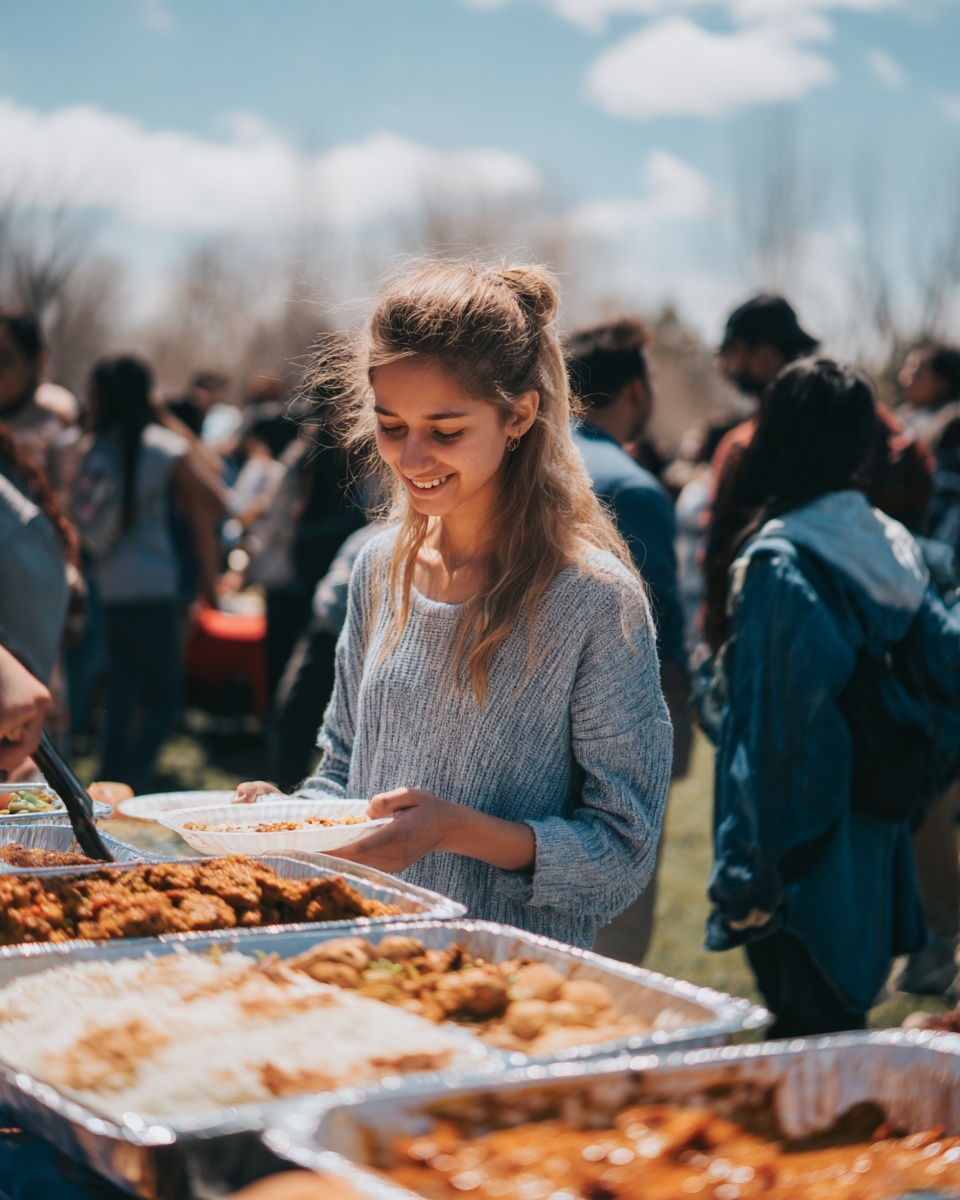 Guest serving herself from Sankranti catering trays at an outdoor event